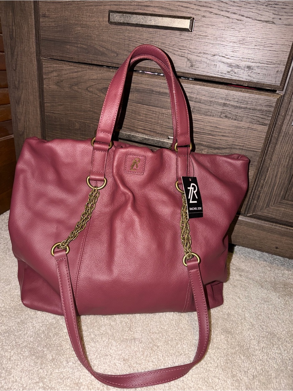 Rachel Zoe Rosewood Leather Tote with Gold Chain Accents